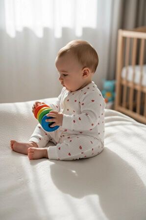 SaraKids Kız Bebek Yeni doğan Beyaz Kırmızı Kalp Desenli Tulum