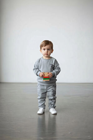 SaraKids 3 Yaş Erkek Bebek Takım – Açık Gri Üst & Alt – Dinozor Baskılı