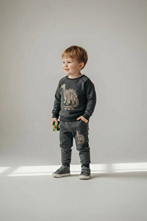 Sarakids 1 Yaş Erkek Bebek Takım – Füme Üst & Alt – Dinazor Baskılı