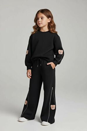 Sarakids 2-3 Yaş Kız Çocuk Takım – Siyah – Ayı Figürlü ve Fermuar Detaylı