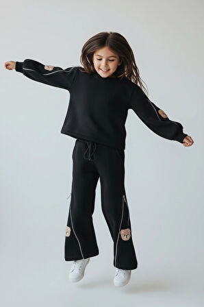 ’’Sarakids 3-4 Yaş Kız Çocuk Takım – Siyah – Ayı Figürlü ve Fermuar Detaylı ’’
