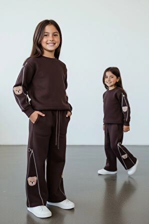 Sarakids 5-6 Yaş Kız Çocuk Takım – Kahverengi – Ayı Figürlü ve Fermuar Detaylı