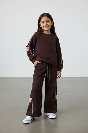 Sarakids 5-6 Yaş Kız Çocuk Takım – Kahverengi – Ayı Figürlü ve Fermuar Detaylı