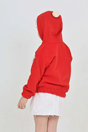 SaraKids 4-10 Yaş Unisex Çocuk Yılbaşı Temalı Kırmızı Pamuklu Kapüşonlu Sweatshirt