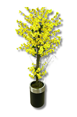 Sarı Bahar Dalı 180 Cm Yapay Ağaç 30x25 Gümüş Kemerli Siyah Saksı