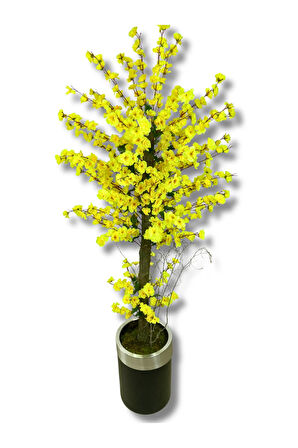 Sarı Bahar Dalı 180 Cm Yapay Ağaç 30x25 Gümüş Kemerli Siyah Saksı