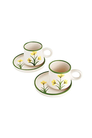 2’li Takım Sarı Çiçek Desenli El Yapımı kazan Seramik Kahve Fincanı, Kahve Fincanı