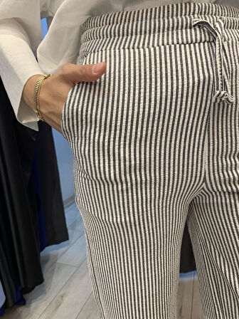 Dökümlü çizgili keten karışımlı pantolon Füme