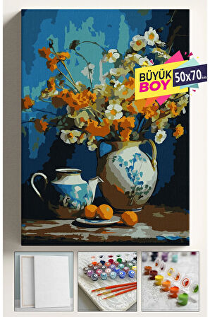 Sayılarla Boyama Seti Numaralı Tuval Fırça Boya Dahil Kasnaklı Set 50x70 Cm - SARI ÇAYDANLIK VAZO