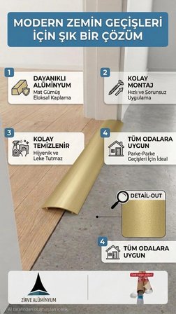 Alüminyum Sarı Eşik Profili 90 Cm'ye Kadar Özel Ölçü Kapı Altı Parke Profili Kapı Altı Çıtası Parke Çıtası