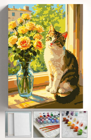 Sayılarla Boyama Seti Numaralı Tuval Fırça Boya Askı Aparatı Dahil Set 40x50 Cm - SARI GÜLLÜ KEDİ