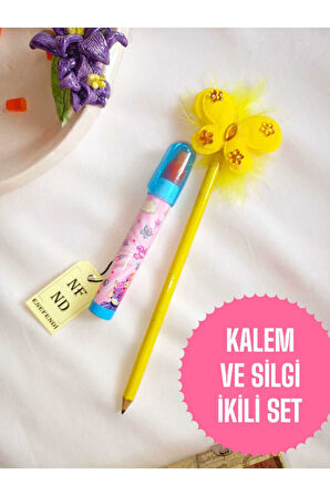 2Lİ SET KALEM VE ROKET YUMURTLAYAN SİLGİ AKSESUARLI KALEM SARI HEDİYE SÜSLÜ KURŞUNKALEM
