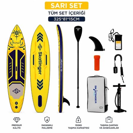 Sarı SET 325 x 82x15 Paddle Board Şişme Sörf Tahtası Full Set