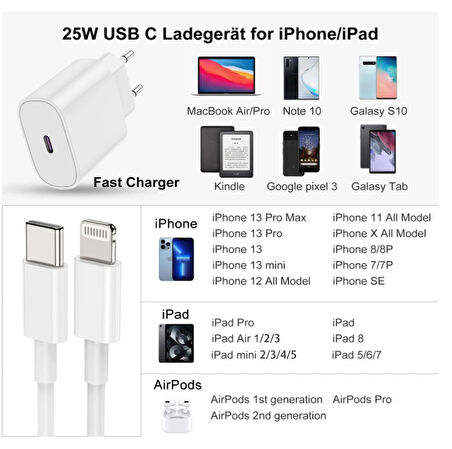 iPhone 11,12,13,14 Pro / Pro Max modellerine uyumlu 25W Adaptör + Type-c to Lightning Şarj Set