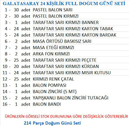 TARAFTAR SARI KIRMIZI 24 KİŞİLİK FULL DOĞUM GÜNÜ SETİ 