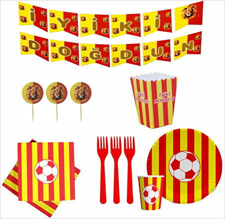 Taraftar Sarı Kırmızı Banner, 8 Tabak, 8 Bardak, 8 Mısır Kutusu, 10 Peçete, 10 Çatal, 10 Kürdan