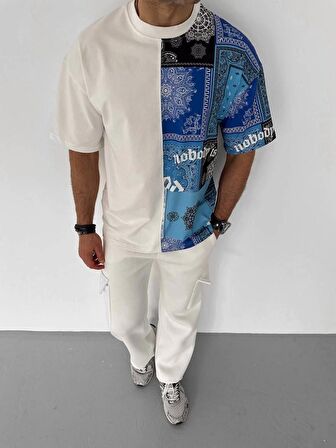 Unisex Dijital Parçalı Oversize T-Shirt - Beyaz
