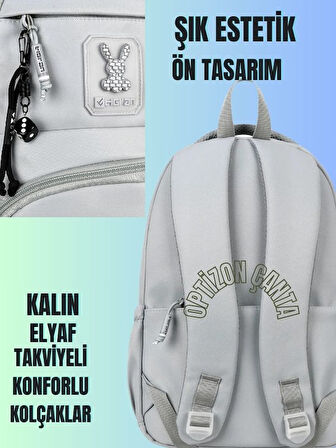GRİ renk Tokalı OKUL ÇANTASI ve PONNY SULUK 2'li KIRTASİYE SETİ, SU GEÇİRMEZ ÇANTA