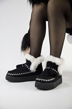 219851142-1P Kadın Yumuşak Rahat Kürklü Bot - Tekstil Süet Kışlık Siyah Bot