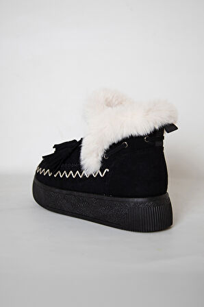 219851142-1P Kadın Yumuşak Rahat Kürklü Bot - Tekstil Süet Kışlık Siyah Bot