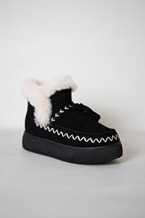 219851142-1P Kadın Yumuşak Rahat Kürklü Bot - Tekstil Süet Kışlık Siyah Bot