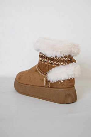 219851142-11P Kadın Yumuşak Rahat Kürklü Bot - Tekstil Süet Kışlık Taba  Bot