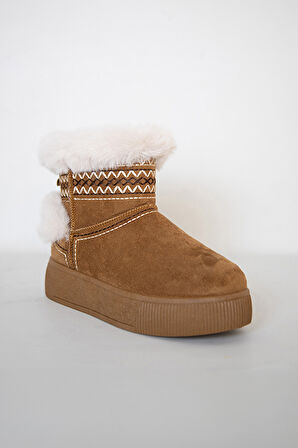 219851142-11P Kadın Yumuşak Rahat Kürklü Bot - Tekstil Süet Kışlık Taba  Bot