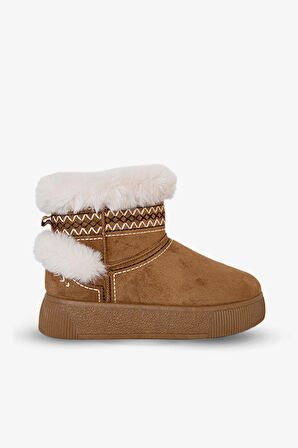 219851142-11P Kadın Yumuşak Rahat Kürklü Bot - Tekstil Süet Kışlık Taba  Bot