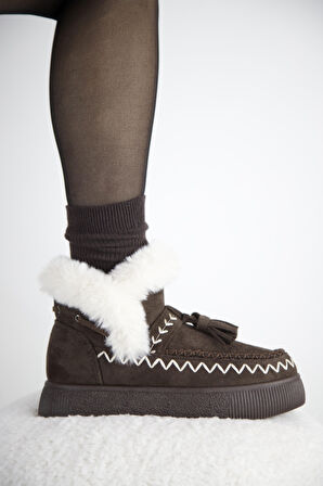 219851142-10P Kadın Yumuşak Rahat Kürklü Bot - Tekstil Süet Kışlık  Kahve Bot