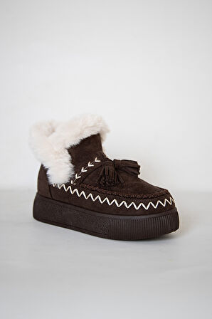 219851142-10P Kadın Yumuşak Rahat Kürklü Bot - Tekstil Süet Kışlık  Kahve Bot