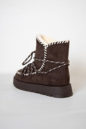 219851141-10S Kadın Yumuşak Rahat Kürklü Bot - Tekstil Süet Kışlık Kahve Bot