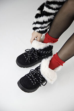 219851141-1 Kadın Yumuşak Rahat Kürklü Bot - Tekstil Süet Kışlık Siyah Bot