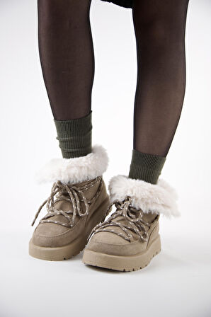 219851141-32 Kadın Yumuşak Rahat Kürklü Bot - Tekstil Süet Kışlık Vizon Bot