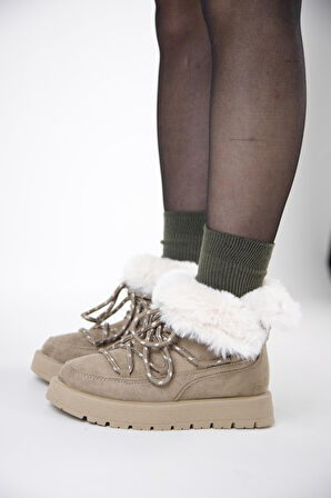 219851141-32 Kadın Yumuşak Rahat Kürklü Bot - Tekstil Süet Kışlık Vizon Bot