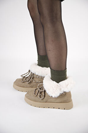 219851141-32 Kadın Yumuşak Rahat Kürklü Bot - Tekstil Süet Kışlık Vizon Bot