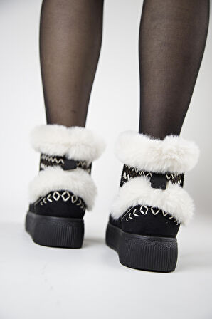 219851142-1 Kadın Yumuşak Rahat Kürklü Bot - Tekstil Süet Kışlık Siyah Bot