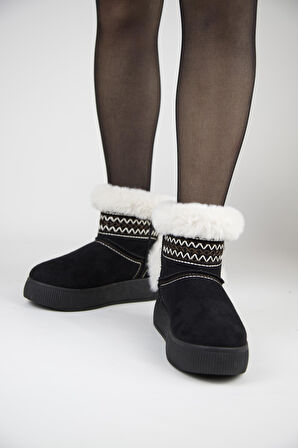 219851142-1 Kadın Yumuşak Rahat Kürklü Bot - Tekstil Süet Kışlık Siyah Bot