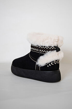 219851142-1 Kadın Yumuşak Rahat Kürklü Bot - Tekstil Süet Kışlık Siyah Bot