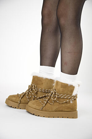 219851141-11 Kadın Yumuşak Rahat Kürklü Bot - Tekstil Süet Kışlık Taba Bot