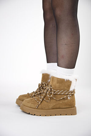 219851141-11 Kadın Yumuşak Rahat Kürklü Bot - Tekstil Süet Kışlık Taba Bot