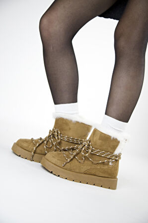 219851141-11 Kadın Yumuşak Rahat Kürklü Bot - Tekstil Süet Kışlık Taba Bot