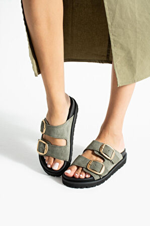 Stato Tekstil-Nappa Hafif Comfort Kadın Haki Terlik25Y-1480