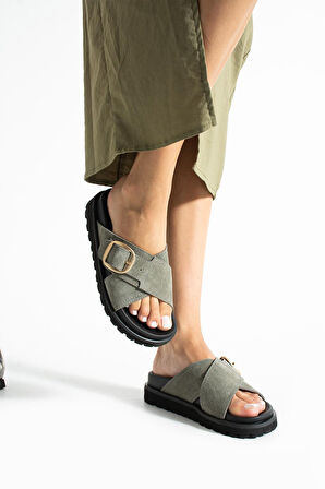 Stato Tekstil-Nappa Hafif Comfort Kadın Haki Terlik 25Y-1484