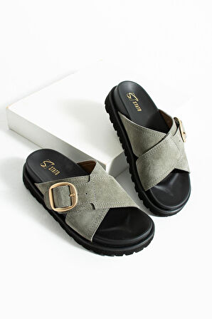 Stato Tekstil-Nappa Hafif Comfort Kadın Haki Terlik 25Y-1484