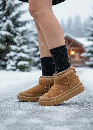 Kadın Taba Süet Yumuşak Deri  Kürklü Kışlık Bağcıklı Bot
