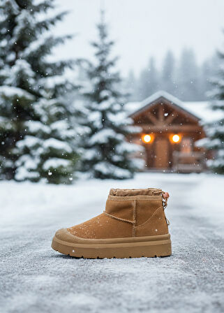 Kadın Taba Süet Yumuşak Deri  Kürklü Kışlık Bağcıklı Bot