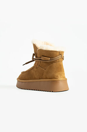 Kadın Taba Süet Yumuşak Deri, Kürklü Kışlık Bağcıklı Bot