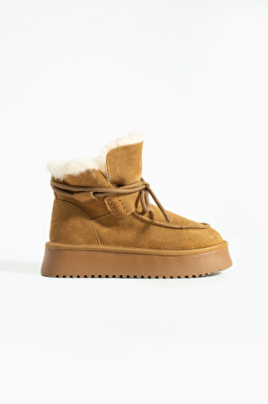 Kadın Taba Süet Yumuşak Deri, Kürklü Kışlık Bağcıklı Bot