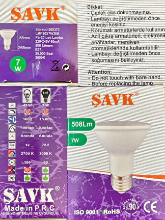 Şavk 7W 3000K (Sarı Işık) Par20 E27 Duylu Led Spot Ampul