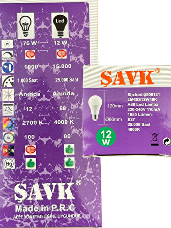 Şavk 12W 4000K (Günışığı) E27 Duylu Led Ampul